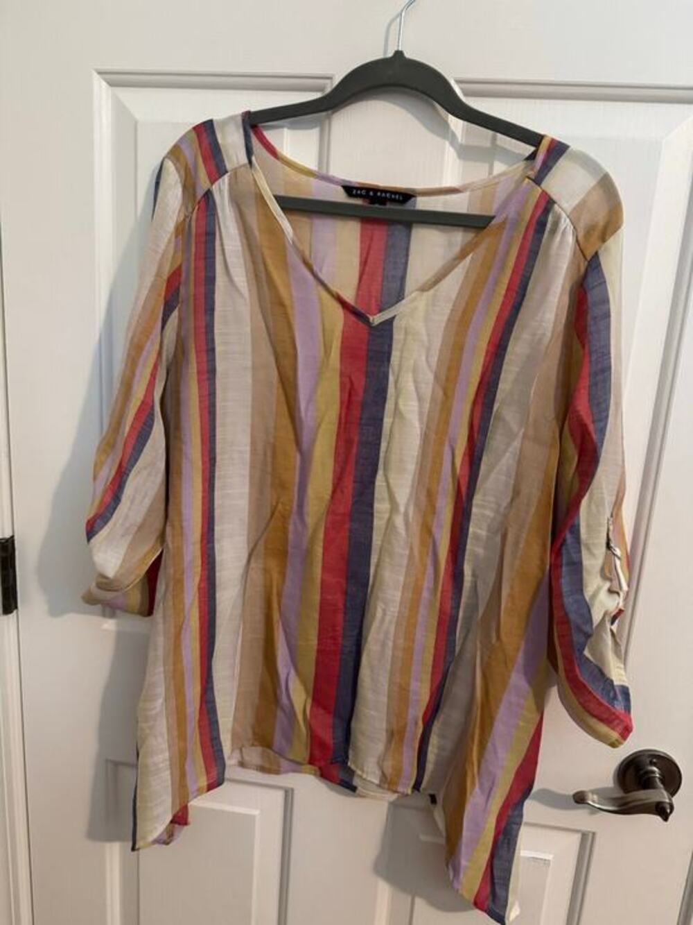 Zac & Rachel Roll Tab V Neck Striped Shark Bite Tunic Top Lightweight XL